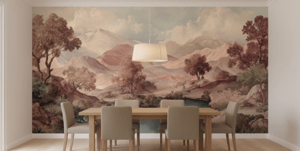 Blush terracotta spring landscape mural wallpaper – design detail