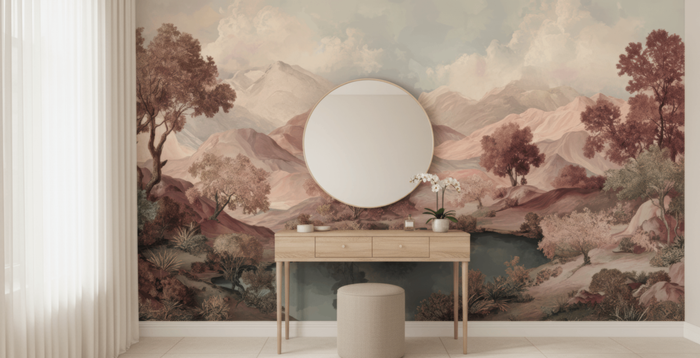 Blush terracotta spring landscape mural wallpaper