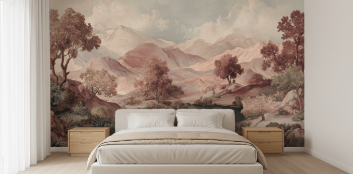 Blush terracotta spring landscape mural wallpaper – design detail