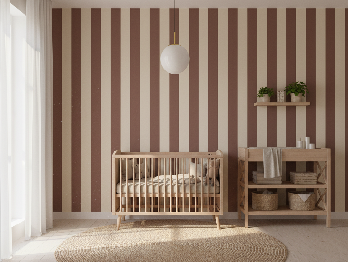 Nursery room with striped wallpaper, crib, and shelves.