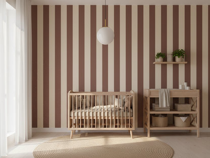 Nursery room with striped wallpaper, crib, and shelves.