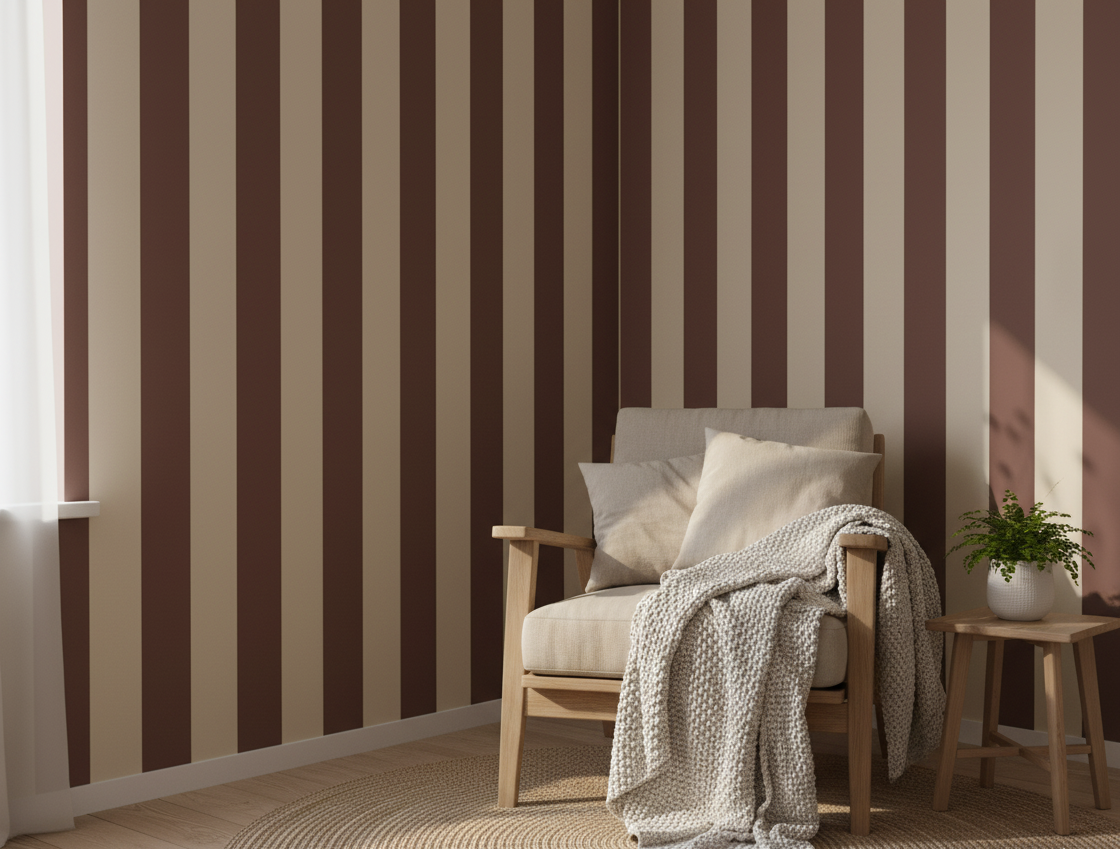 Living room with striped wallpaper, armchair, and small table.