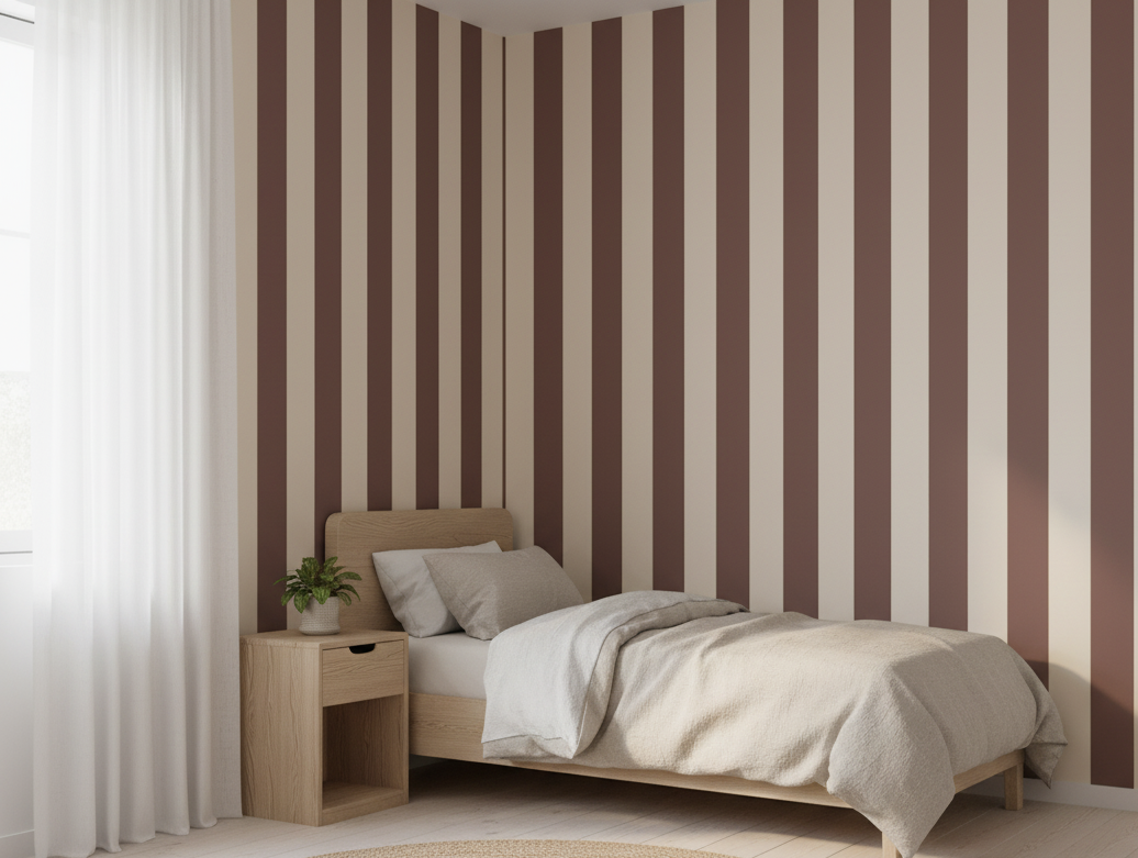 Bedroom with striped wallpaper, bed, and nightstand.