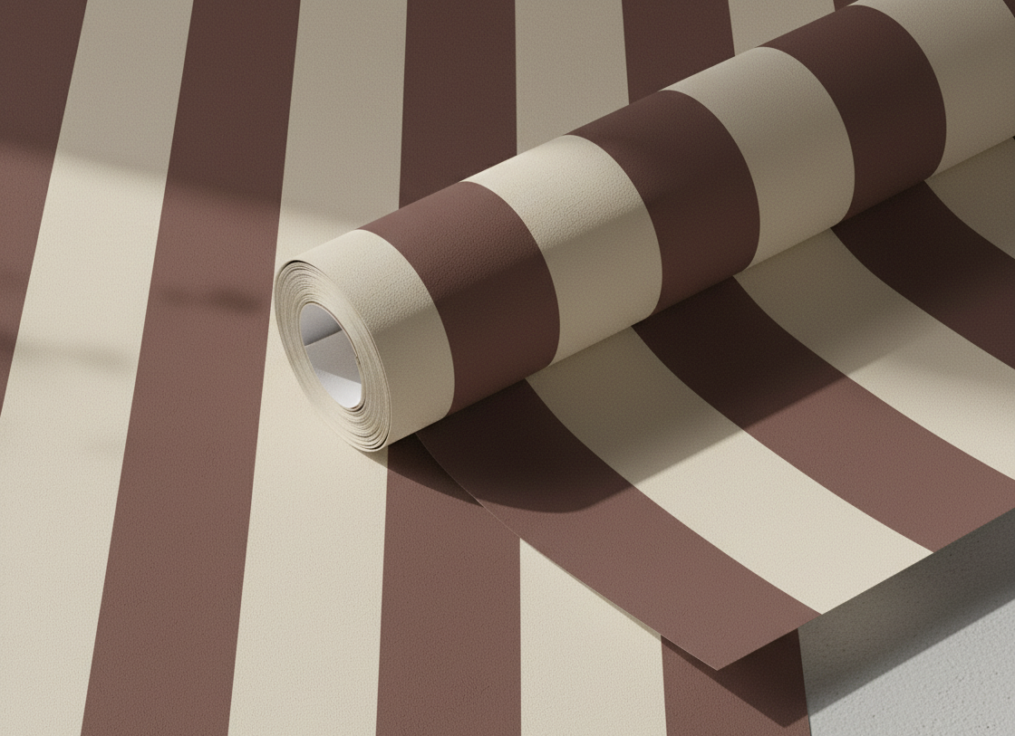 Roll of brown and beige striped wallpaper on a matching background