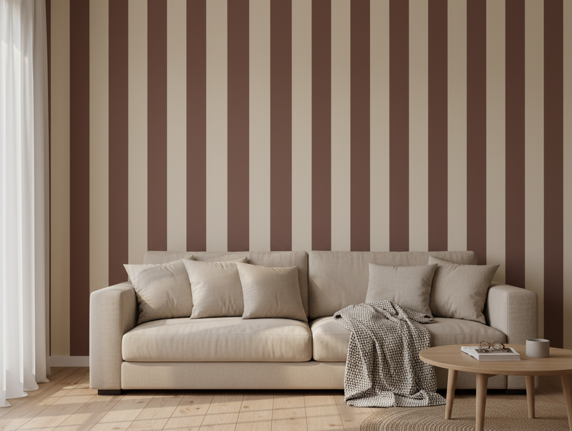 Beige sofa against a wall with brown and beige vertical stripes