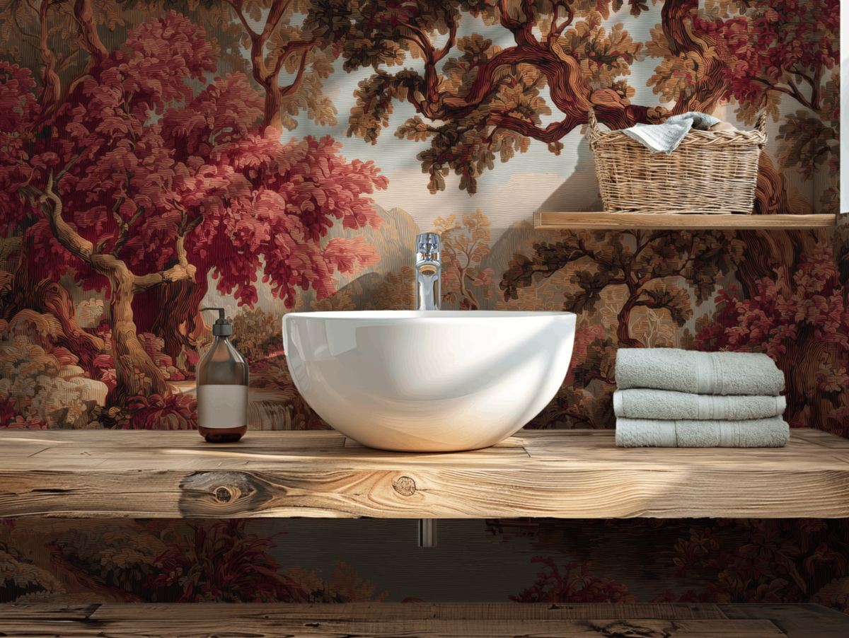 Vintage red forest mural wallpaper with luxurious woodland scenic design