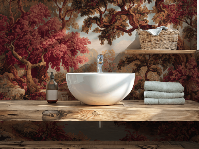 Vintage red forest mural wallpaper with luxurious woodland scenic design