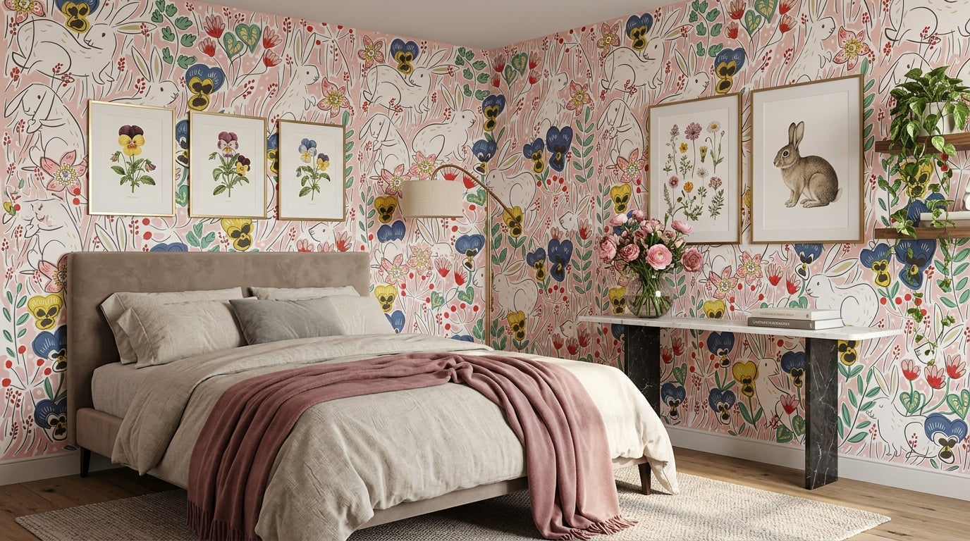 Rabbits and Pansies Wallpaper