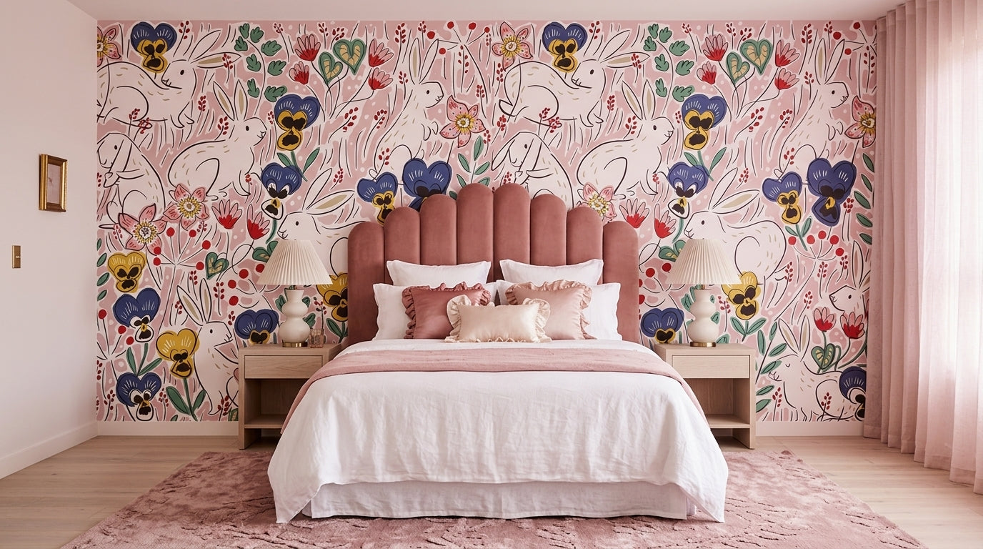 Rabbits and Pansies Wallpaper