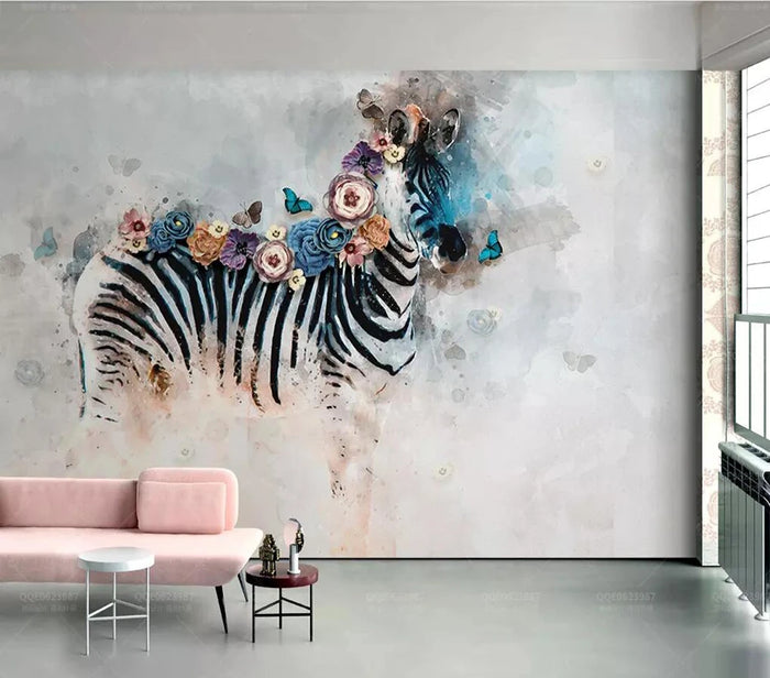 Floral zebra mural wallpaper for a bedroom