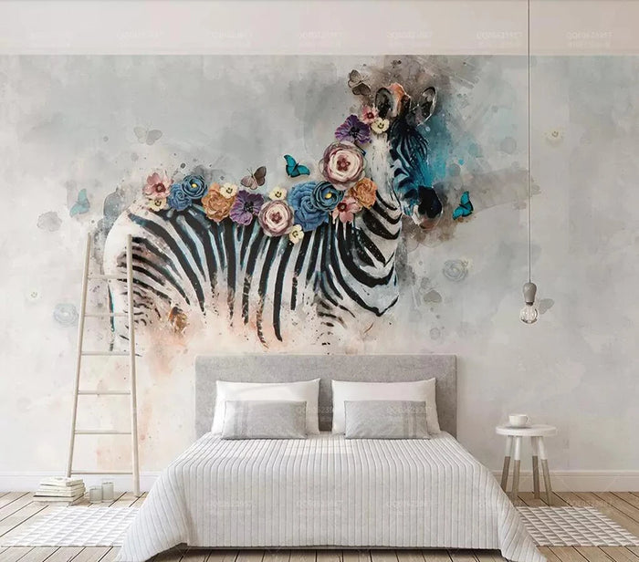 Floral zebra bedroom mural wallpaper – design detail
