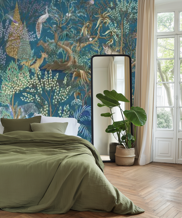 Midnight blue jungle paradise mural wallpaper