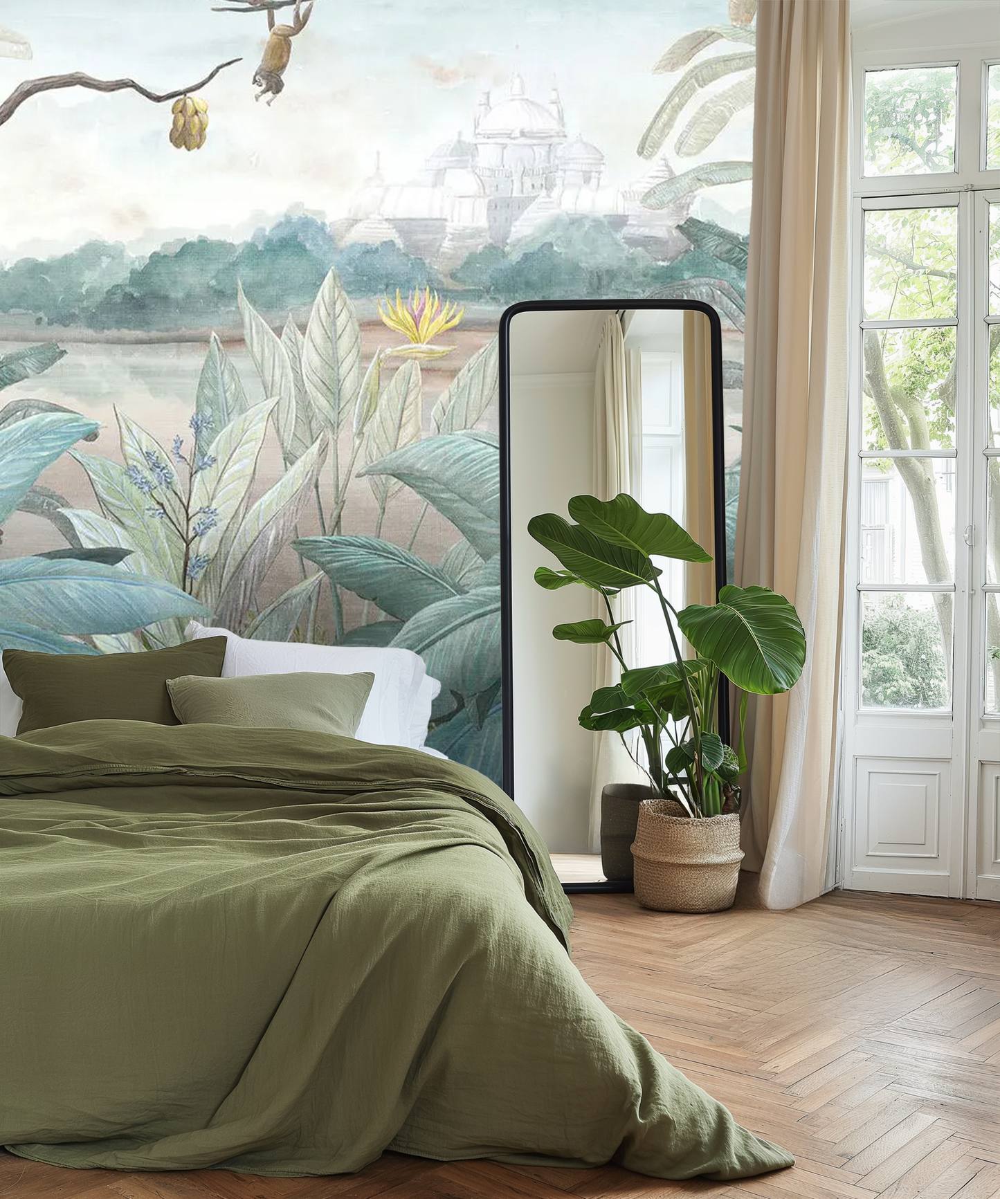 Harmonious Elephant and Monkey Friends Mural Wallpaper