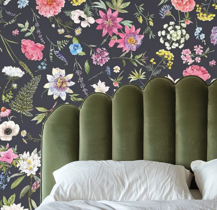 Midnight black and blooming flowers mural wallpaper