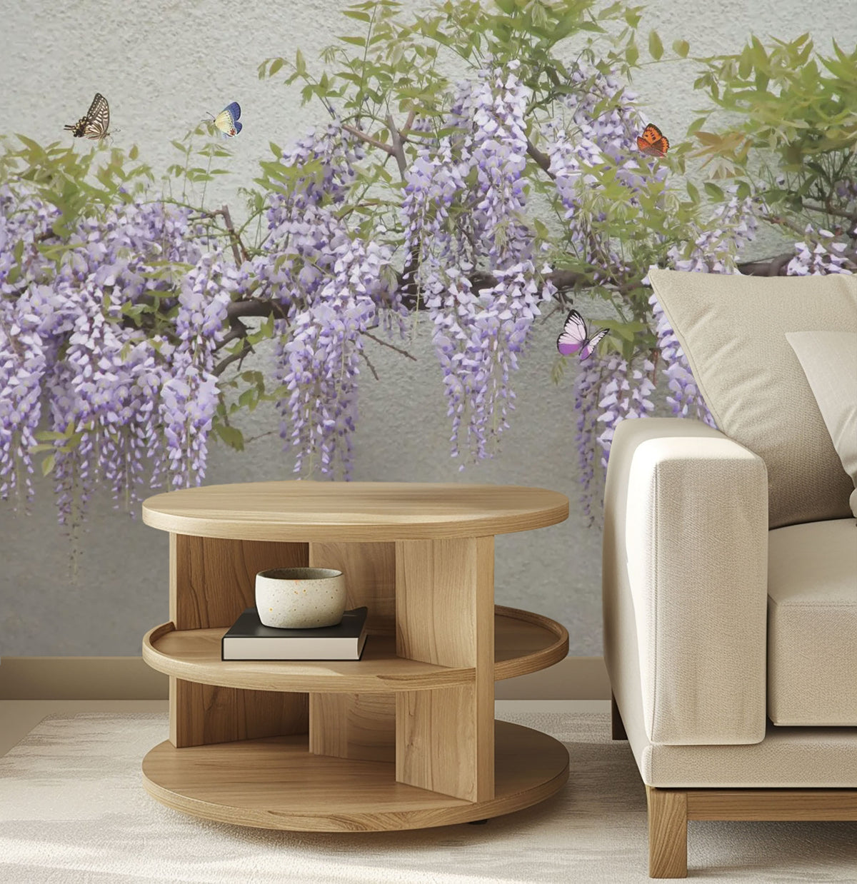 Purple wisteria and butterflies mural wallpaper – design detail