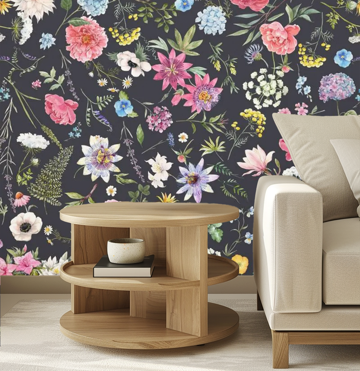 Midnight black and blooming flowers mural wallpaper – design detail