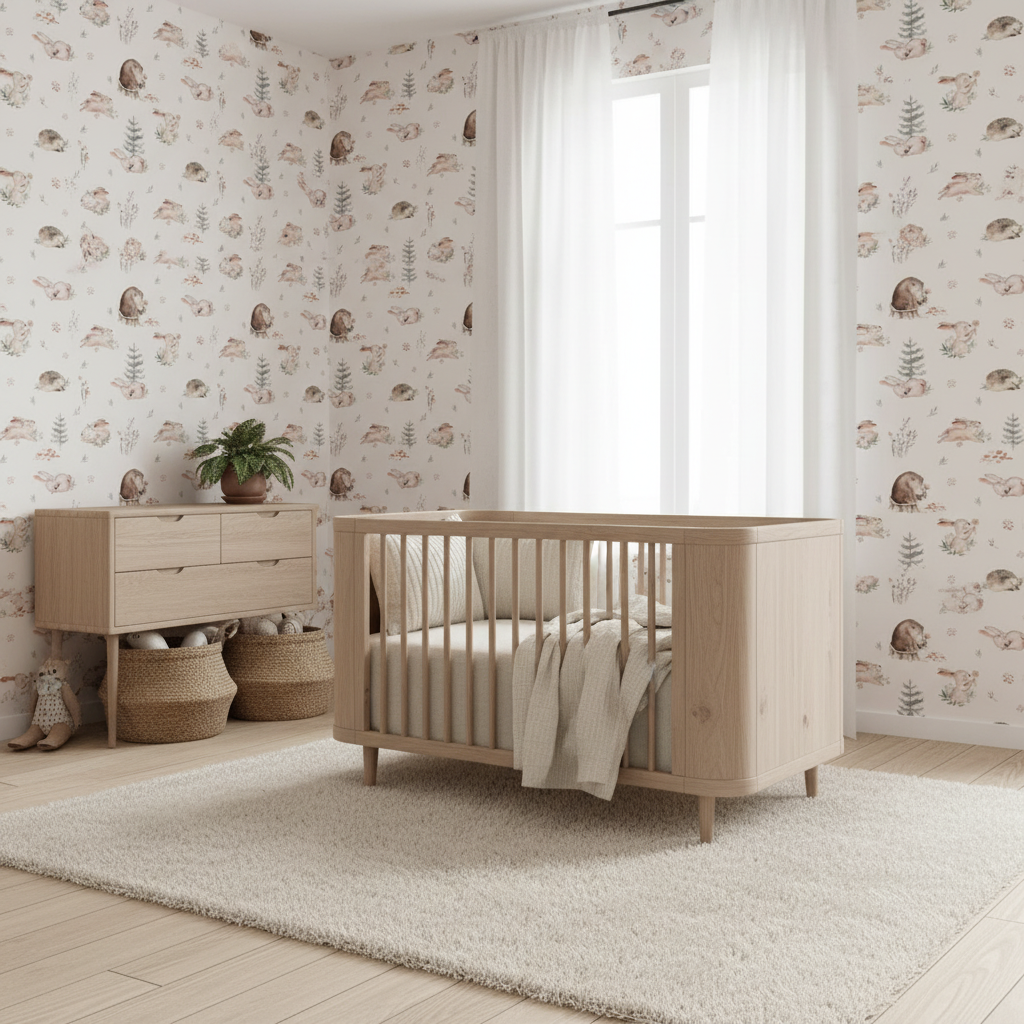 Neutral forest baby room wallpaper – design detail