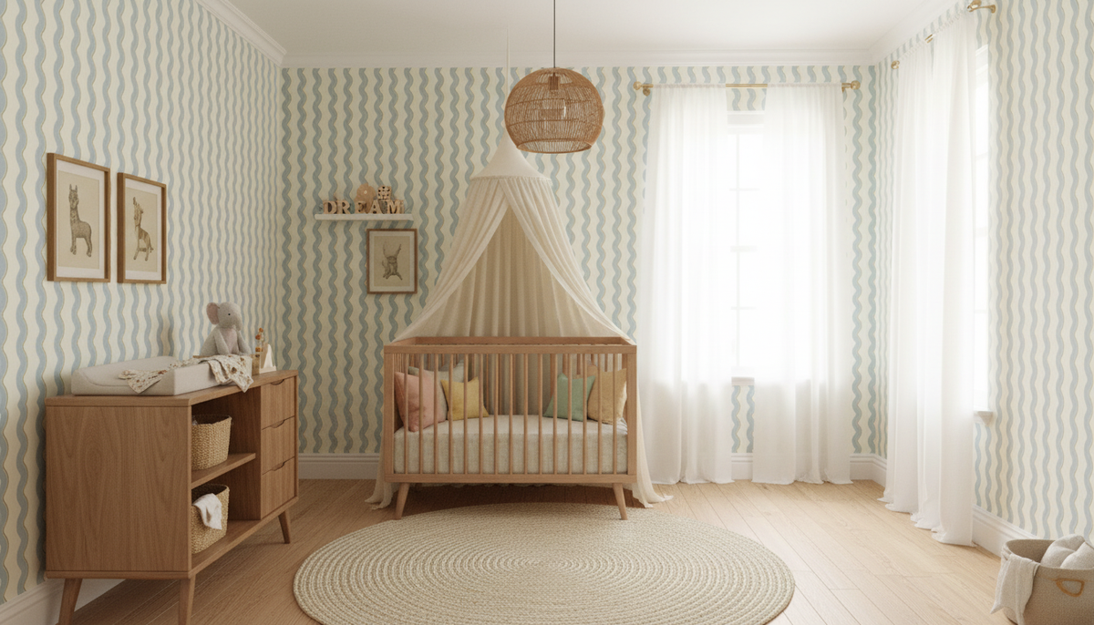 Blue and mustard wavy stripe wallpaper – design detail