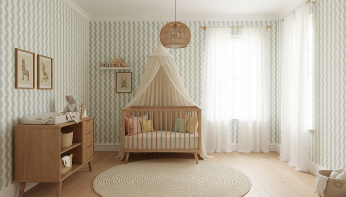 Blue and mustard wavy stripe wallpaper – design detail