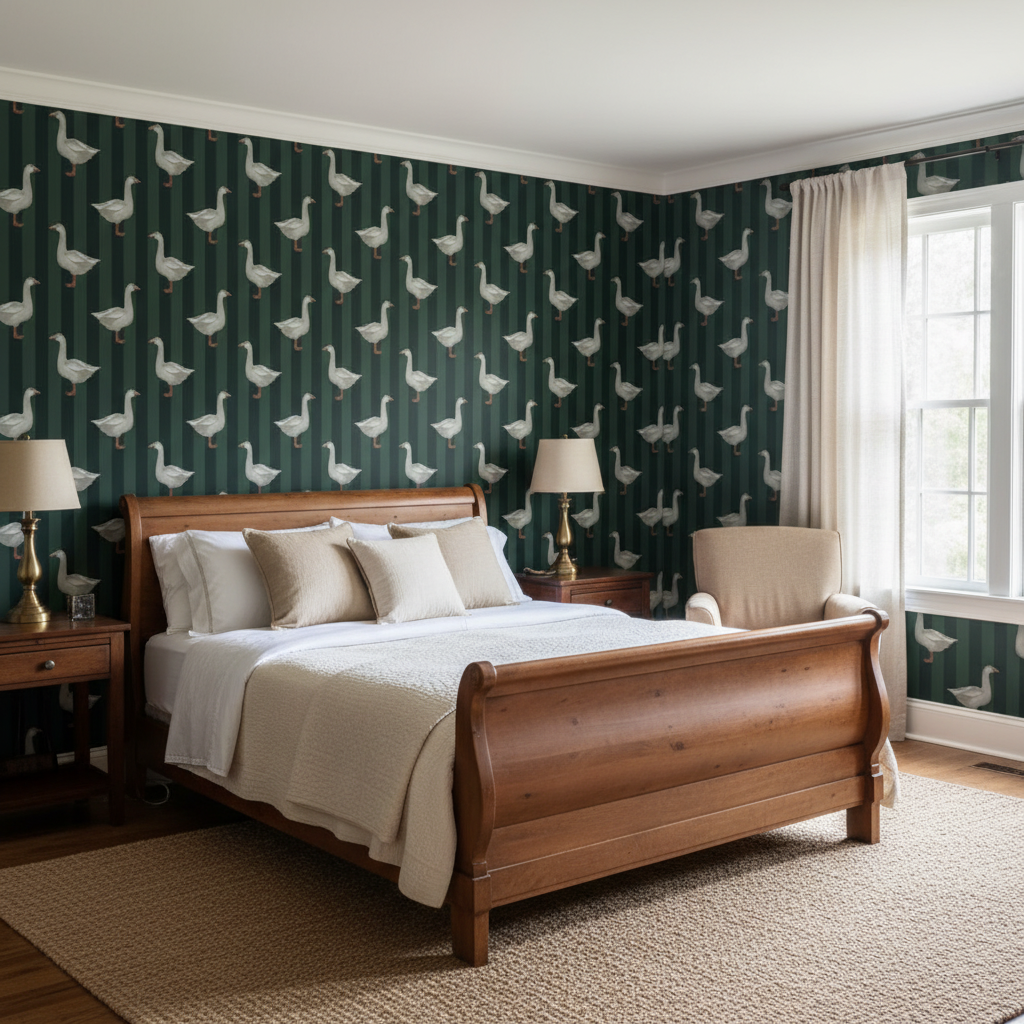 Classic green goose farmhouse wallpaper – design detail