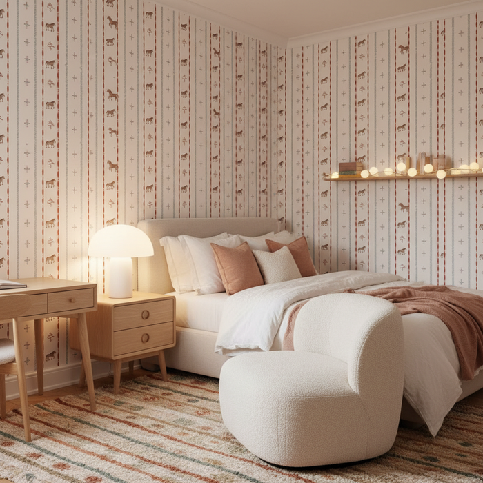 Vintage horse stripe wallpaper for a nursery