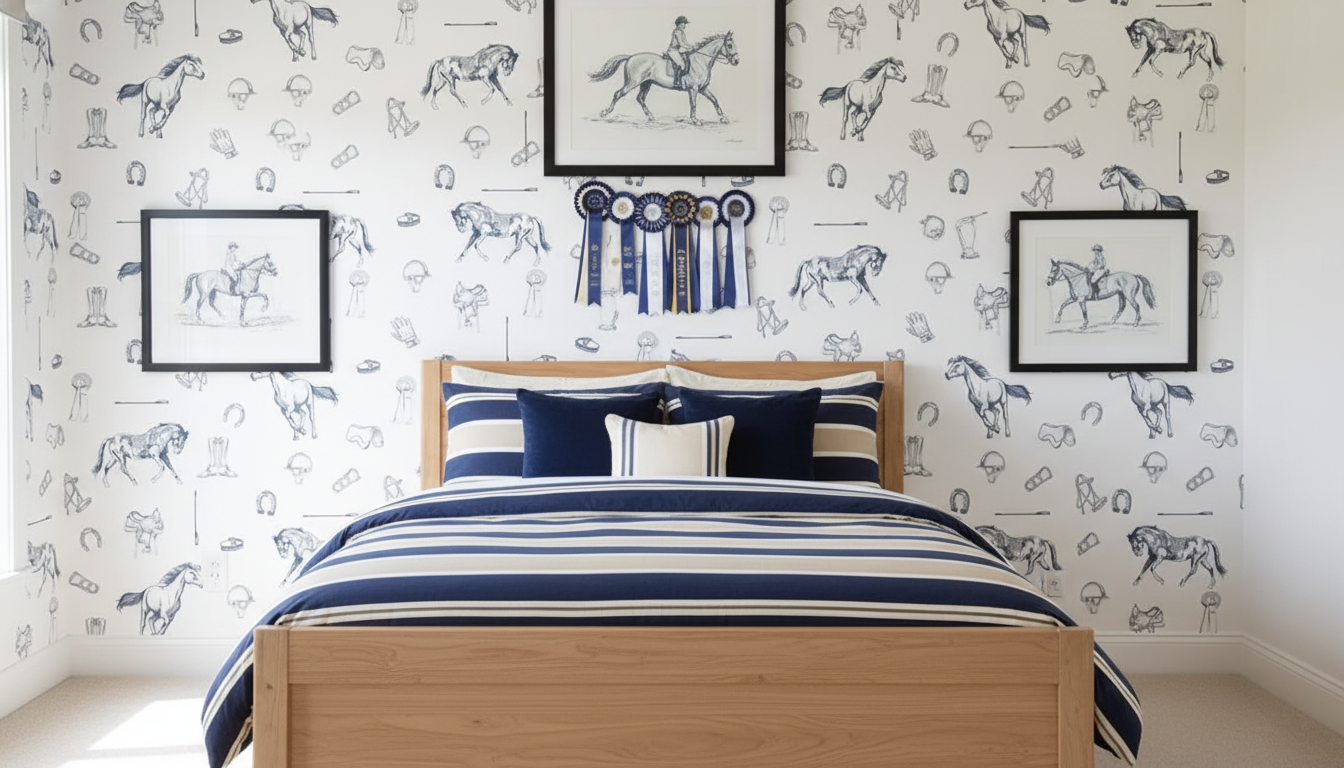 Bedroom with wooden bed, striped bedding, and horse-themed wallpaper.