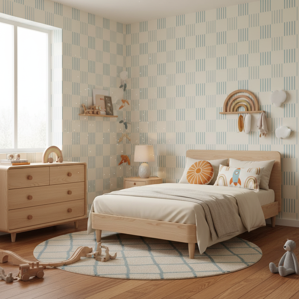 Blue check geometric kids' wallpaper – design detail