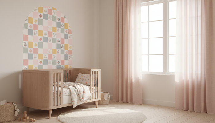 Nursery room with wooden crib, colorful wall art, and large window with pink curtains.