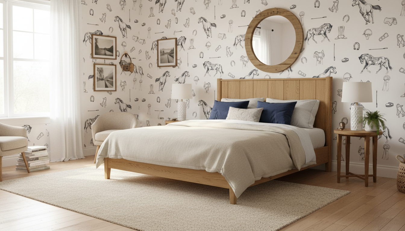 Bedroom with wooden bed, patterned wallpaper, and side table.