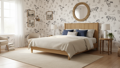 Bedroom with wooden bed, patterned wallpaper, and side table.