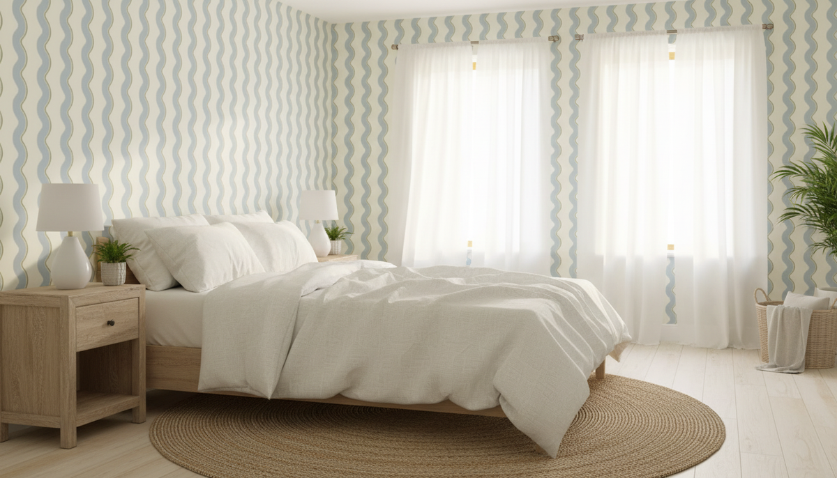 Blue and mustard wavy stripe wallpaper – design detail