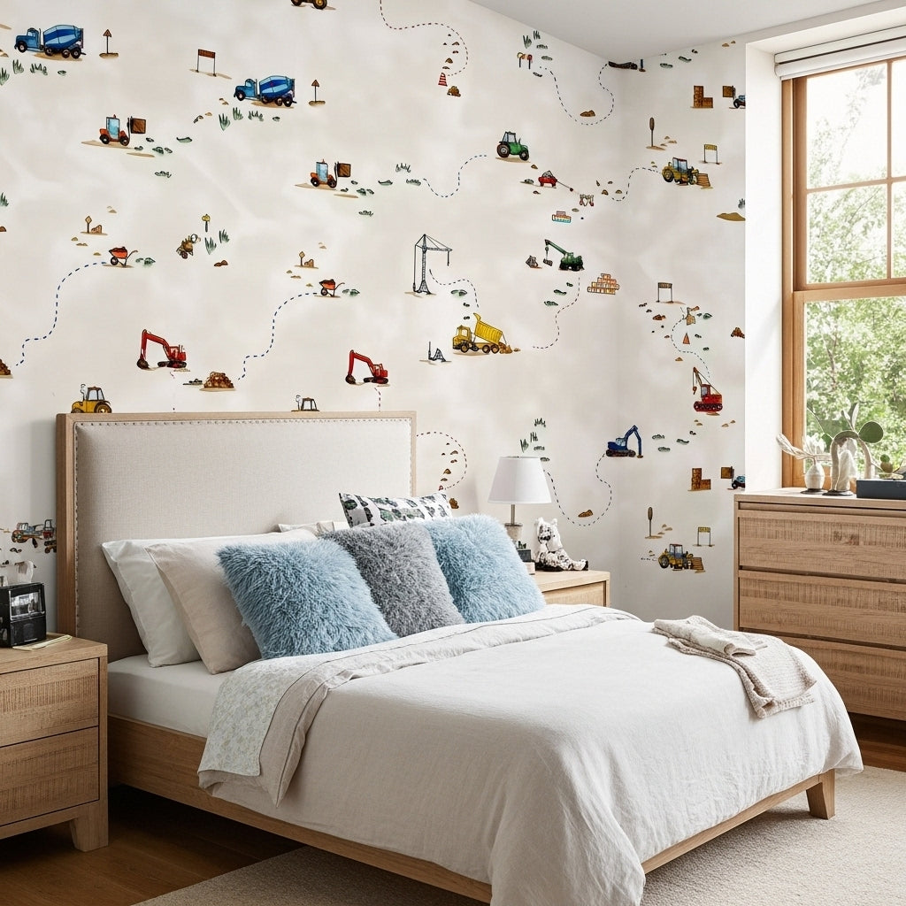 Beige construction vehicles kids' wallpaper – design detail