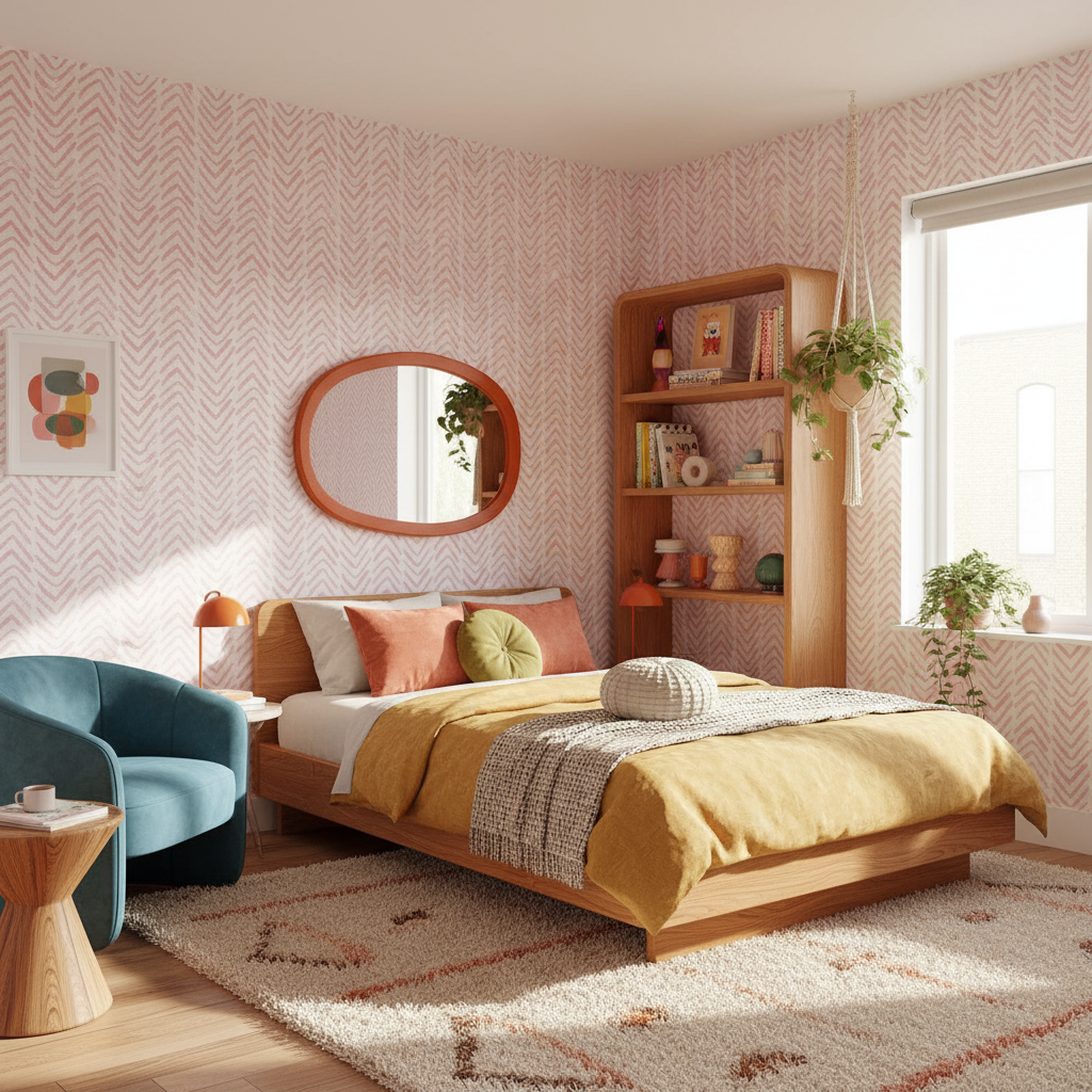 Soft pink herringbone wallpaper – design detail