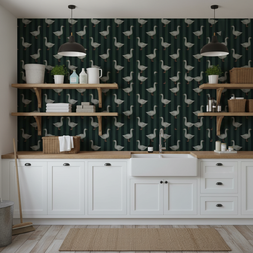 Classic green goose farmhouse wallpaper