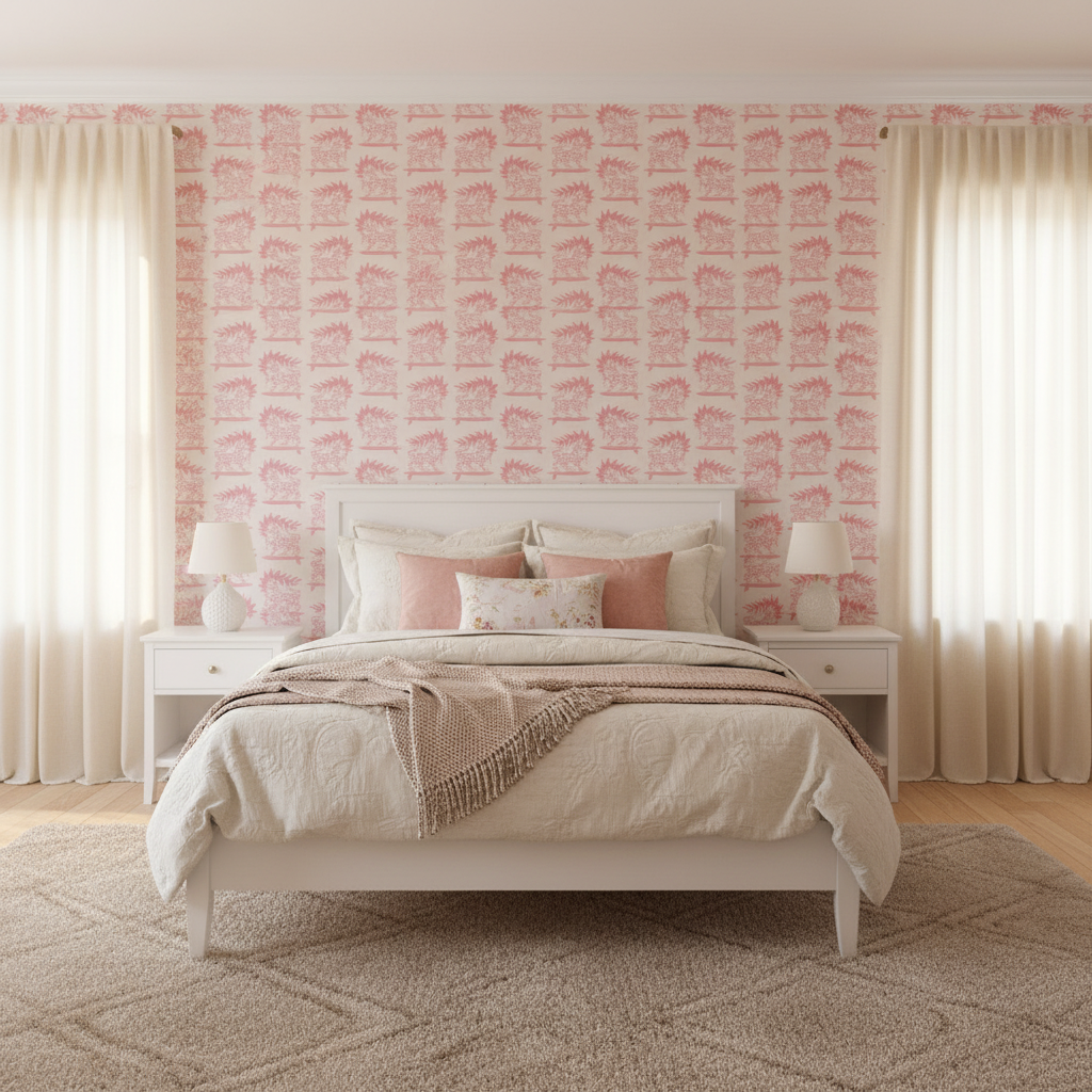 Pink hedgehog toile wallpaper