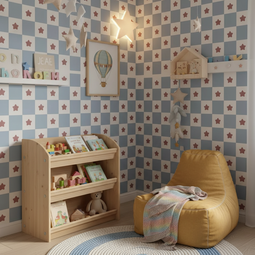 Retro Checkerboard Blue Kids Wallpaper