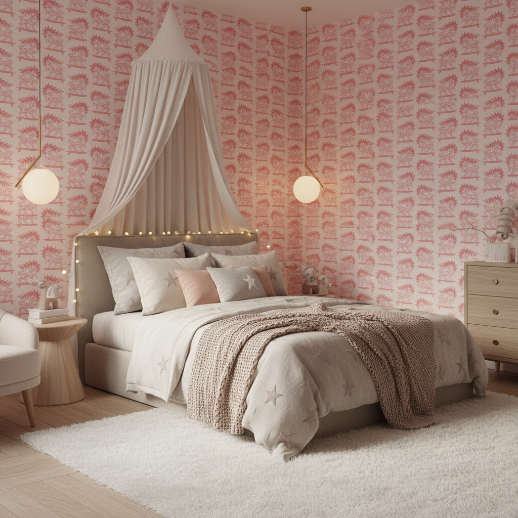 Pink hedgehog toile wallpaper – design detail