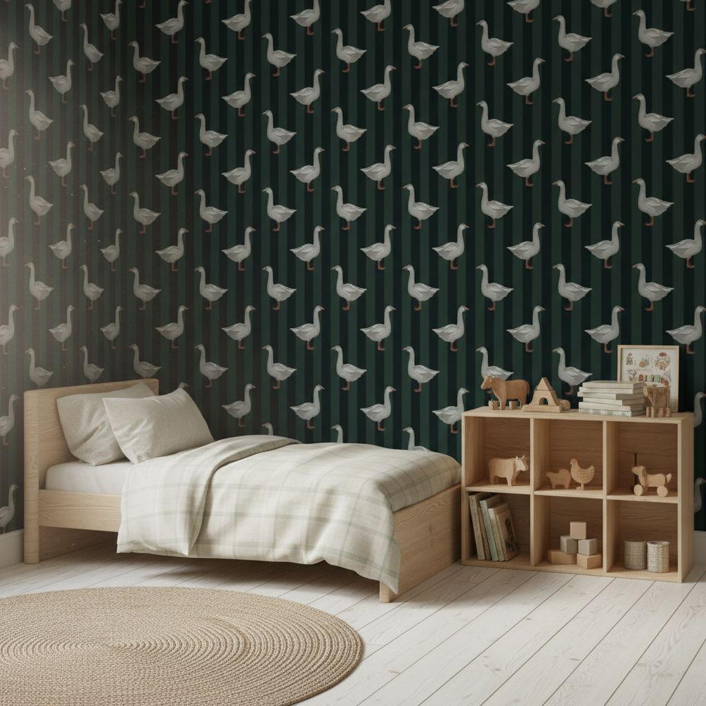 Classic green goose farmhouse wallpaper – design detail