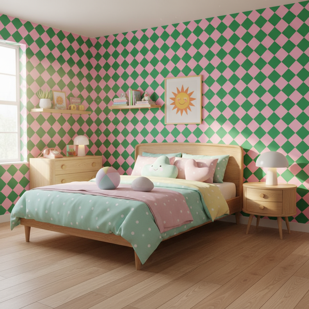 Pink & Green Diamond Retro Wallpaper