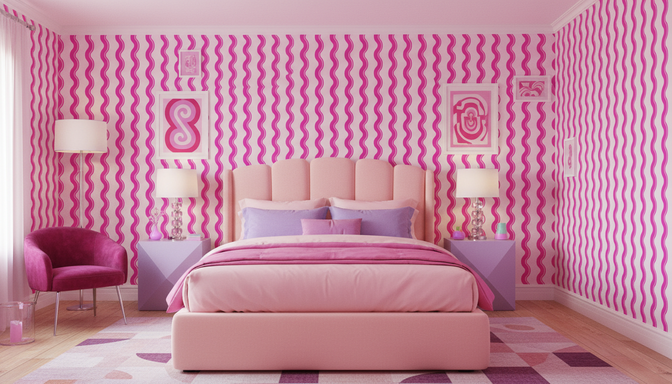 Hot pink wavy stripe wallpaper – design detail