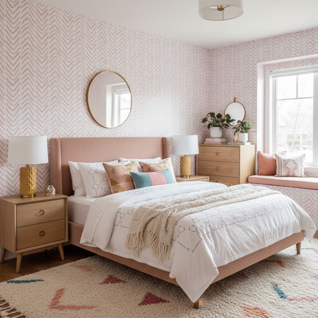 Soft pink herringbone wallpaper – design detail