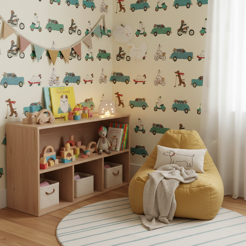 Retro animal transport vintage kids' wallpaper – design detail