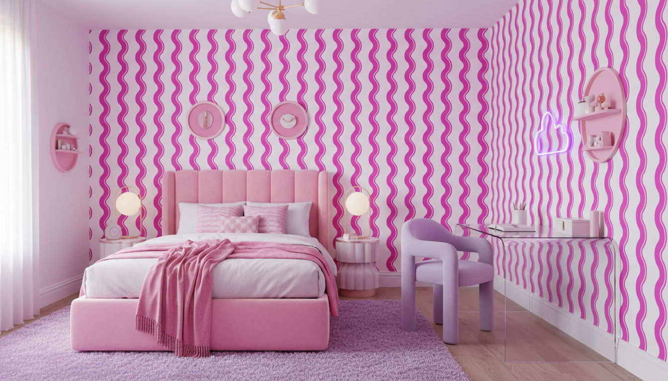 Hot pink wavy stripe wallpaper – design detail