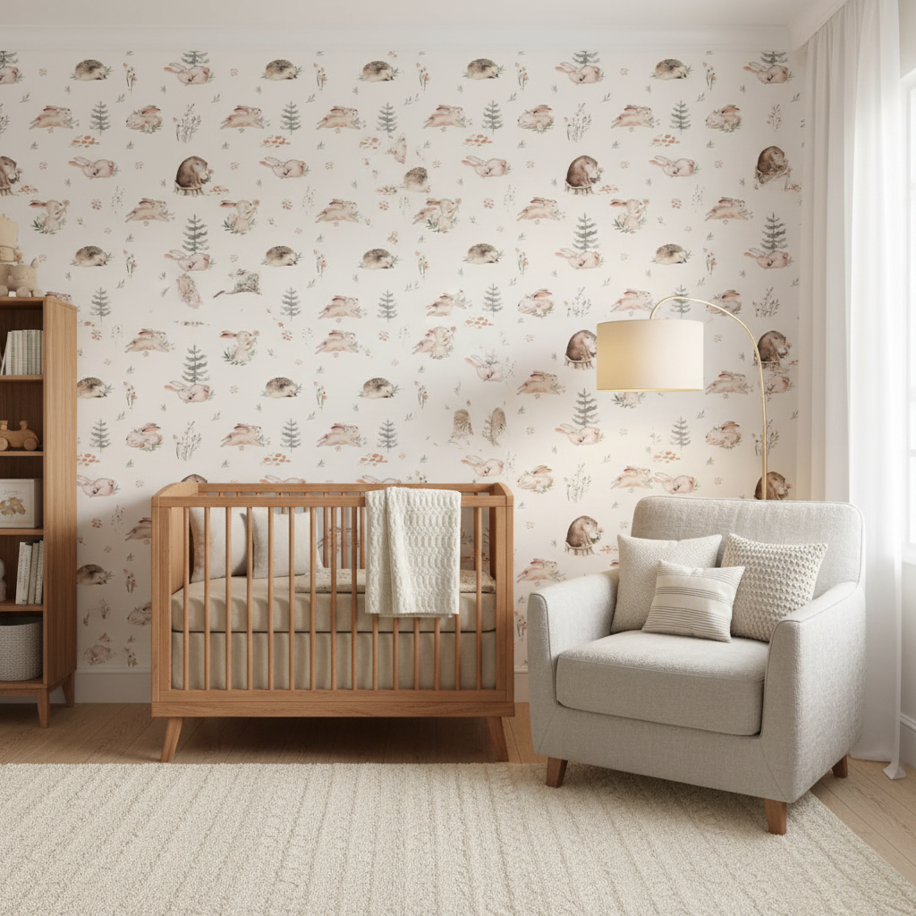Neutral forest baby room wallpaper – design detail