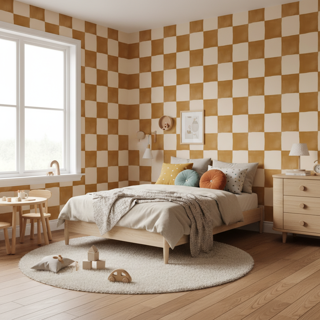 Mustard checkerboard warm tone wallpaper – design detail