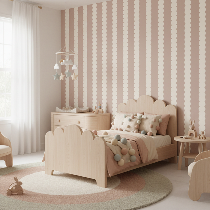 Dusty blush scallop stripe wallpaper for a nursery