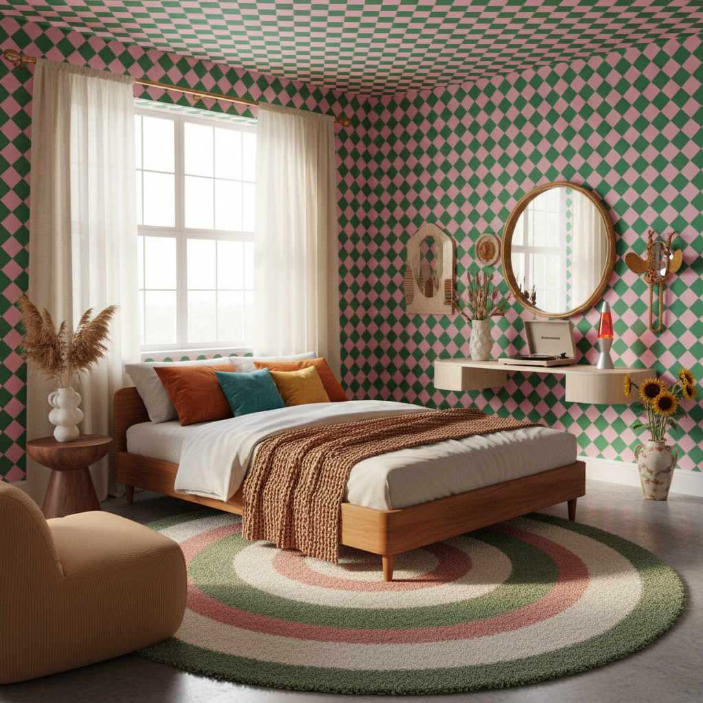 Pink and green diamond retro wallpaper – design detail
