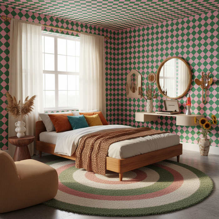 Pink and green diamond retro wallpaper – design detail