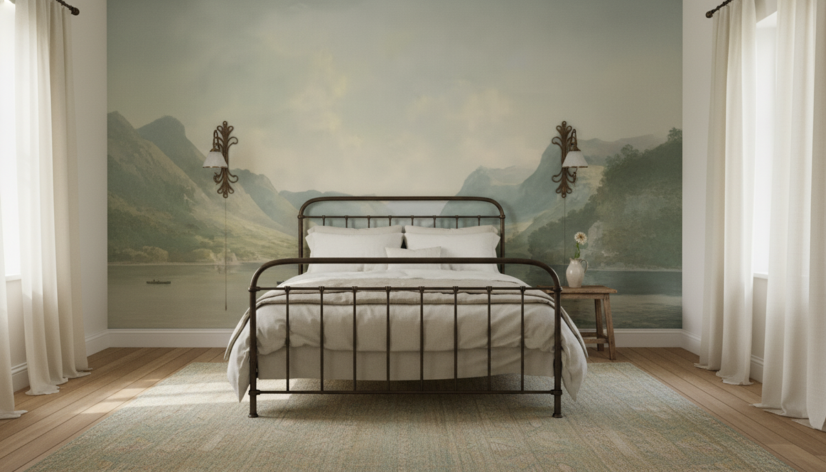 Soft green valley and lake wall mural wallpaper – design detail