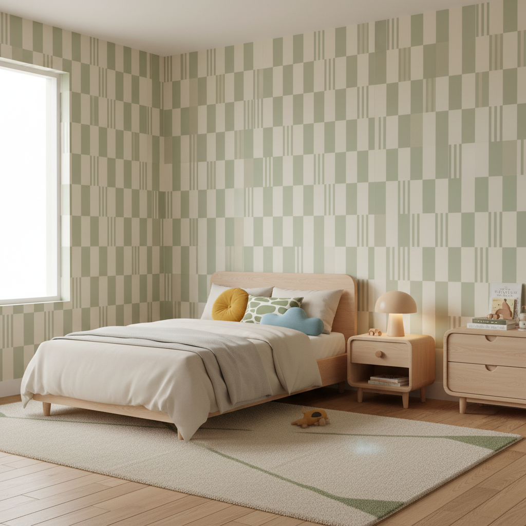 Sage green checkered wallpaper – design detail